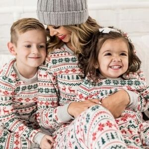 Holiday Print Fair Isle Long Sleeve Pajama Set w/Snowflakes, Poinsettias & Deer
